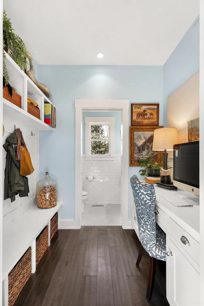 Craftsman/modern farmhouse mud room with built-in bench and desk.