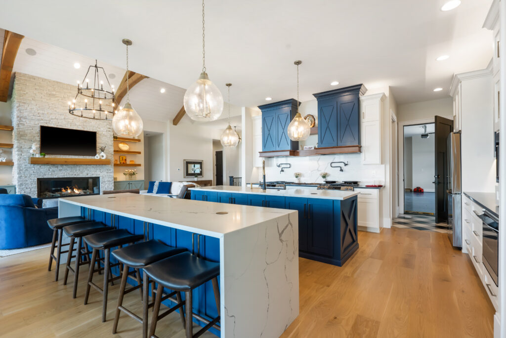 Modern farmhouse kitchen with two islands, craftsman kitchen ideas
